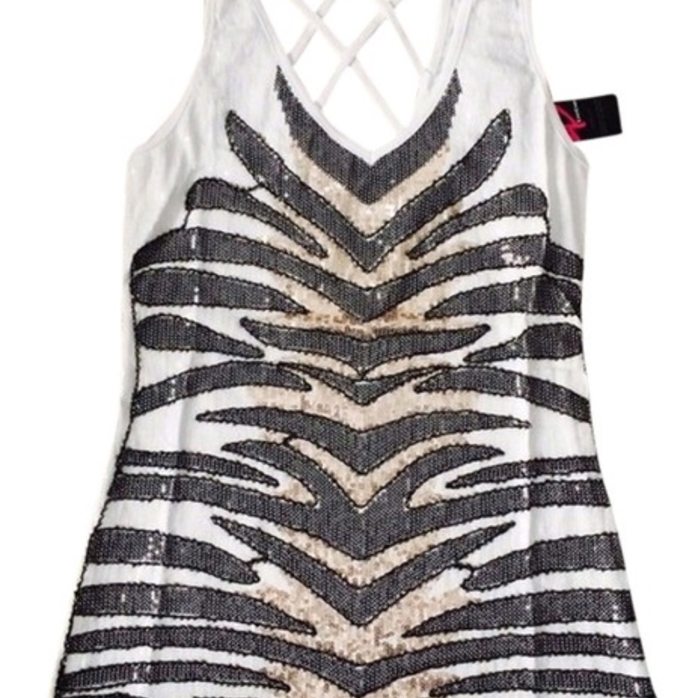 NWT 2b Bebe Black/White/Gold Sequin Sequined Stripe Zebra Strap Tank Top Cami